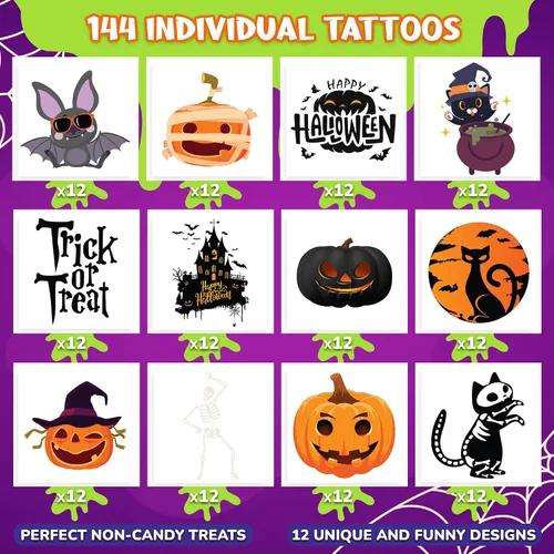 Vista 2 de ArtCreativity Tatuajes temporales individuales de Halloween que brillan en la oscuridad para niños, juego de 144 tatuajes en 12 diseños
