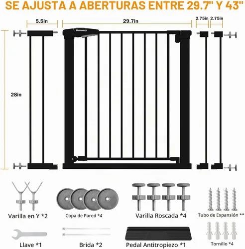 Vista 2 de Puerta de bebé para escaleras, puerta de perro con cierre automático de 29.7-43 pulgadas para puertas y pasillos, puerta para mascotas montada a