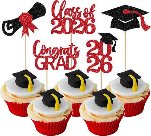Vista 32 de Paquete de 24 adornos para cupcakes de clase de 2026 con purpurina 2026 para diploma de graduación 2026, selecciones para cupcakes para graduación