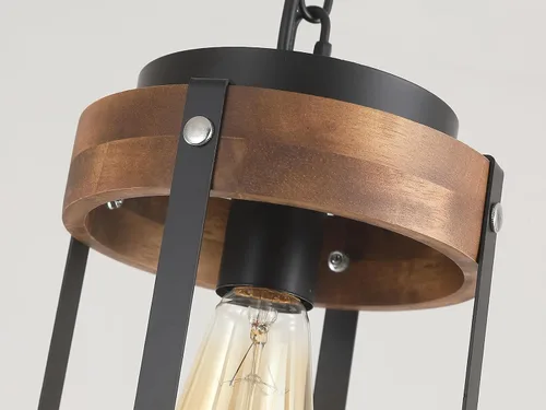 Vista 6 de Lámpara Colgante Rústica de Granja con Enchufe con Cadena Ajustable, Interruptor Regulable, Jaula de Tambor de Madera de Roble y Metal, Mini Lámpara