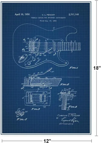 Vista 3 de Guitarra eléctrica 1956 Oficina de Patentes Oficina Oficial Diseño de Blueprint Instrumento de cuerda Rock Roll Banda de música Cuerdas Trastes