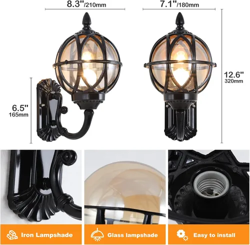 Vista 7 de Paquete de 2 lámparas de pared para exteriores, apliques de porche, iluminación montada en la pared con enchufes E26 y pantallas de vidrio, modernas
