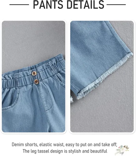 Vista 4 de SEYOUAG Ropa para niñas pequeñas, conjunto de pantalones cortos de algodón, casual, abrigo de mezclilla, 2 piezas