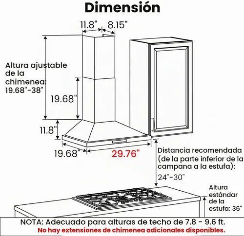 Vista 6 de EKON Campana extractora de pared de 30 pulgadas, campana de ventilación de cocina de acero inoxidable de 900 CFM, convertible con conductos/sin