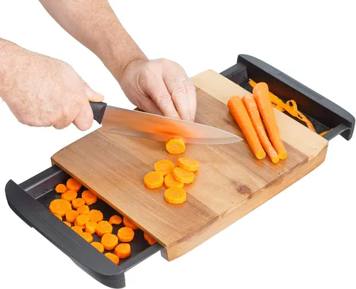 Vista 2 de Glad Tabla de cortar de madera de acacia con bandejas deslizantes atrapa alimentos y desechos Bloque de carnicero de madera maciza con cajones