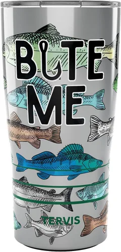 Vista 15 de Tervis Vaso aislado de doble pared Bite Me hecho en Estados Unidos mantiene las bebidas frías y calientes, 16 onzas, tapa verde cazador, clásico