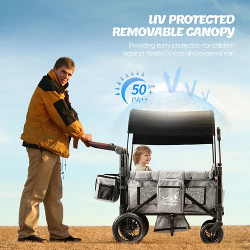 Vista 7 de Cochecito para 2 niños, carrito premium para niños con toldo extraíble, bandeja para snacks, cuna convertible para bebé, arnés de seguridad de 5 Gris