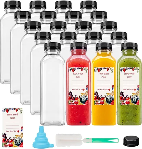 Vista 12 de SUPERLELE 20 botellas de plástico de 2 onzas con tapas, botellas de jengibre reutilizables, transparentes, a granel, para jugo, leche y otras bebidas
