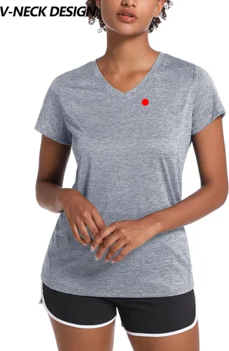 Vista 3 de MAGCOMSEN Camiseta de manga corta con cuello en V para mujer, absorbe la humedad, camiseta de entrenamiento atlético, ropa deportiva, tops de yoga