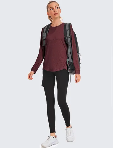 Vista 5 de Pinspark Camisetas de entrenamiento de manga larga para mujer, cuello redondo, camisetas de yoga, ligeras, atléticas, gimnasio, correr