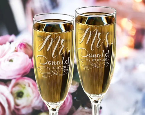 Vista 3 de Infinity Mr Mrs - Juego de 2 copas de boda de champán grabadas personalizadas para parejas, regalo de despedida de soltera para novias