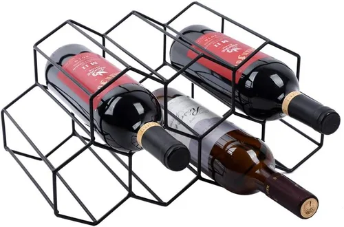 Vista 8 de Urban Deco Estante pequeño para 5 botellas, moderno almacenamiento de vino de alambre de metal para encimera, mesa, café, bar, cocina, color negro