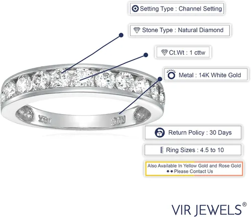 Vista 11 de VIR JEWELS Anillo de boda de diamante blanco de 1 cttw a 2 quilates para mujer, juego de canales de oro de 14 quilates, tamaño 4.5-10