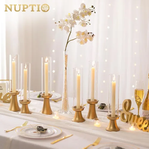 Vista 7 de NUPTIO - Candelabro dorado para centro de mesa: juego de 6 portavelas Hurricane cónicos con funda de cilindro de vidrio - soportes de velas a granel