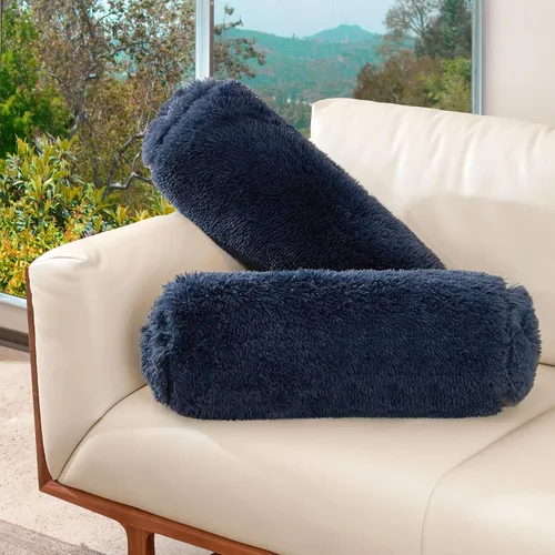 Vista 9 de Cheer Collection Juego de 2 almohadas de cojín peludas, almohadas cilíndricas decorativas para cama y sofá, almohada de cuello redondo, almohada