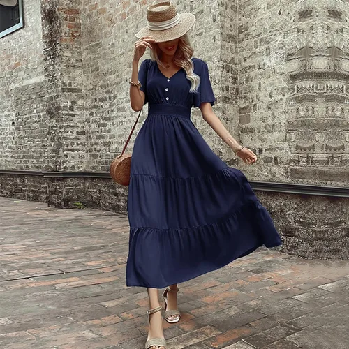 Vista 3 de Vestidos de regreso a casa para mujer, con botones sólidos, cuello en V, longitud de la cintura, vestido casual de verano, vestido grueso, S-XL