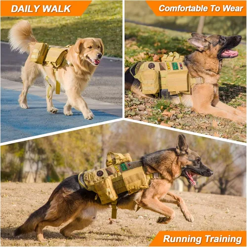 Vista 6 de AIWAI Arnés táctico para perro con bolsas, arnés de chaleco para perros grandes y medianos, arnés militar ajustable sin tirones con asa, caminar