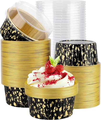 Vista 17 de EUSOAR Vasos para cupcakes con tapas, paquete de 50 forros para magdalenas de 5 onzas de colores surtidos, moldes desechables de papel de aluminio 5