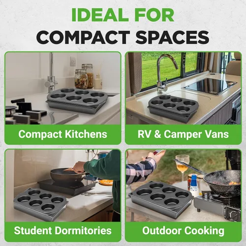 Vista 4 de NutriChef - Juego de 6 piezas para hornear en tostadora, juego compacto de bandejas antiadherentes apilables con moldes para muffins, bandeja