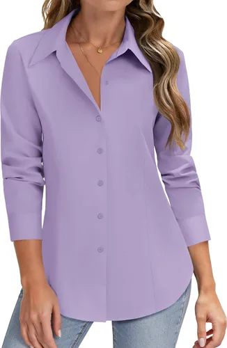 Vista 15 de HOTOUCH Camisas de manga larga con botones para mujer, camisas de vestir con protección contra manchas, ajuste delgado, blusas de trabajo, oficina
