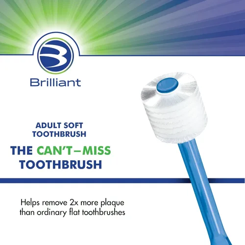 Vista 2 de Brilliant Oral Care - Cepillo de dientes para adultos con cerdas suaves, cabeza redonda y limpieza completa para dientes y encías, azul, 1 paquete