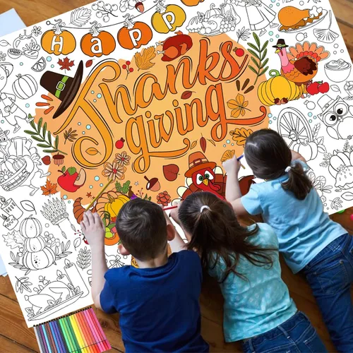 Vista 5 de HOWAF Póster para colorear con 24 bolígrafos de pintura, cartel gigante para colorear con texto en inglés "Give Thank Things", mantel gigante