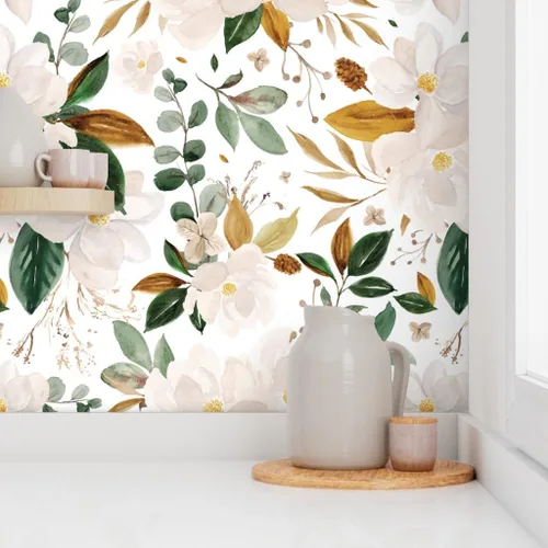 Vista 8 de Spoonflower Papel tapiz para despegar y pegar - Papel pintado extraíble personalizado con flores de magnolias florales doradas
