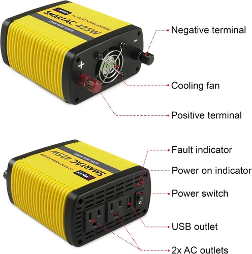 Vista 3 de Wagan EL3706 - Inversor de corriente de 425W, 425W TrueRated continuo, potencia de pico de 825W, inversor de CA a CC de 12V a 110V AC, con 2 tomas