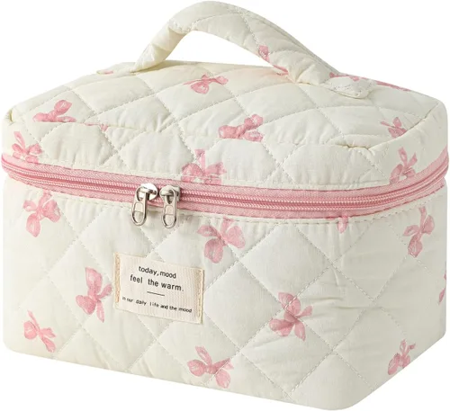 Vista 32 de uekeboag - Bolsa de maquillaje grande de viaje acolchada para mujer, neceser de algodón con estampado floral, neceser con estampado floral