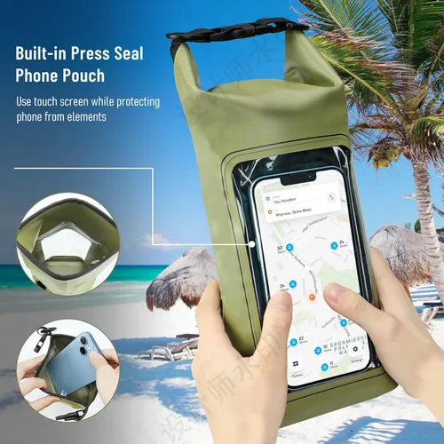 Vista 2 de Bolsa seca impermeable de 2 litros, funda enrollable para teléfono de playa, bolsa seca ligera para natación, kayak, campamento, pesca, viajes, Verde