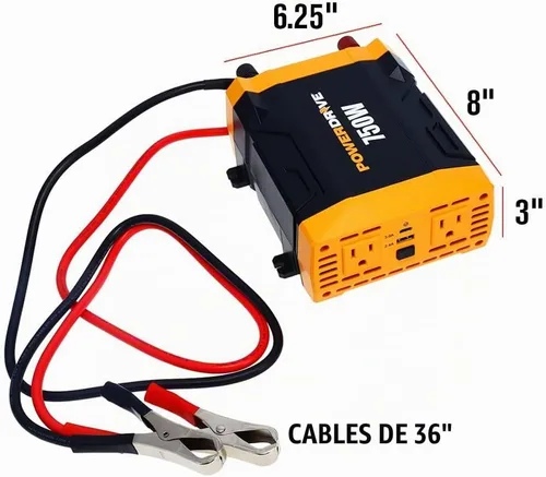 Vista 2 de PowerDrive PWD750 inversor de energía de 750 vatios - convertidor de coche de 12 V CC a 110 V CA con 2 puertos USB y 2 salidas CA