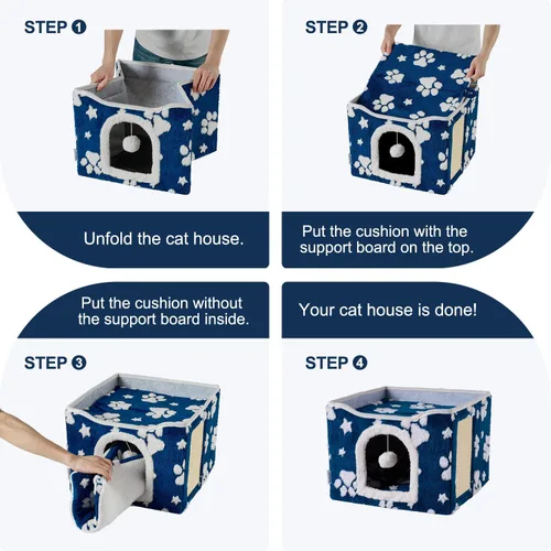 Vista 6 de Casas para gatos de interior, bonita cueva para gatos con bola esponjosa para colgar y almohadilla para rascar, escondite plegable para gatitos, 17