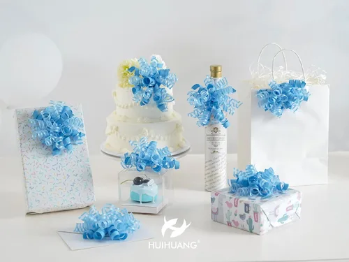 Vista 4 de HUIHUANG Lazos azules para envolver regalos, lazos de regalo azul bebé, 5 pulgadas x 8 unidades, lazo rizado autoadhesivo para regalos, bolsa
