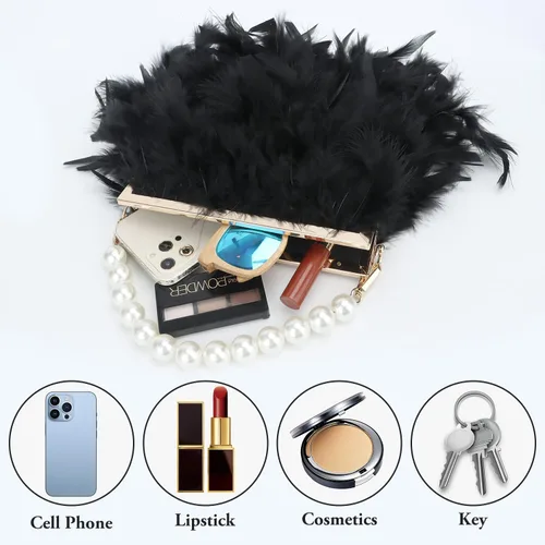 Vista 3 de Bolsos de mano de plumas para mujer, bolsos de noche esponjosos de perlas para boda, aniversario, fiesta