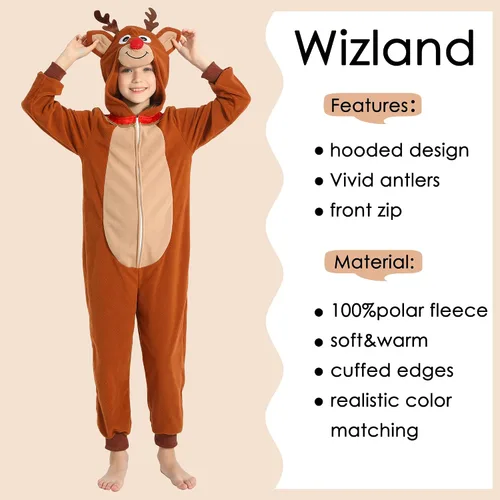 Vista 30 de Wizland Disfraz de animal para niños, leopardo, vaca, mono, reno, gato negro, dálmata, muñeco de nieve, mono de Papá Noel
