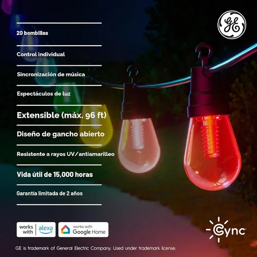 Vista 7 de GE Cync Luces inteligentes para café con efectos dinámicos, luces de cadena para patio que cambian de color, compatibles con Alexa y Google, 48 pies
