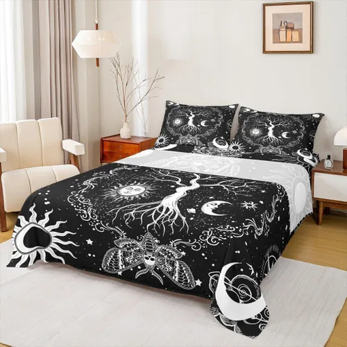 Vista 15 de Erosebridal Juego de sábanas tamaño individual con estampado de luna, diseño de flores de loto, color morado degradado, juego de sábanas orientales