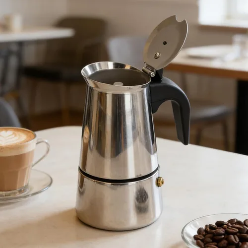 Vista 4 de Cafetera de café expreso, cafetera portátil de acero inoxidable, cafetera expreso, clásica para el hogar, oficina (6.8 fl oz)