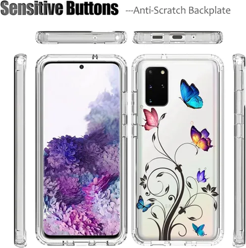 Vista 4 de Funda para Galaxy S20+ 5G/S20 Plus SM-G985 con protector de pantalla de vidrio templado, patrón de mariposa transparente de cuerpo completo, fundas