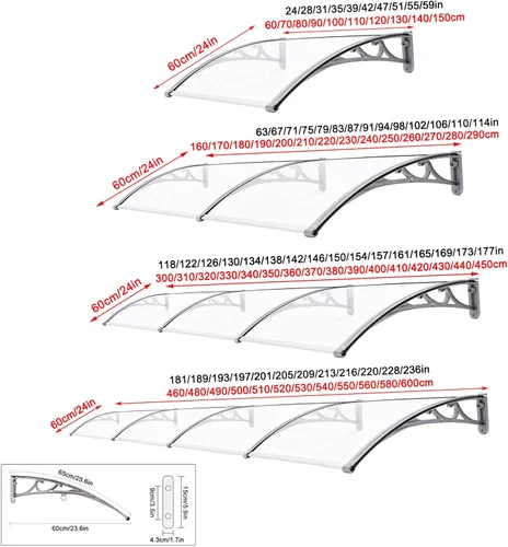 Vista 5 de Toldo de aleación de aluminio para puerta delantera, toldo de porche, cubierta de policarbonato transparente silenciosa, cubierta de refugio