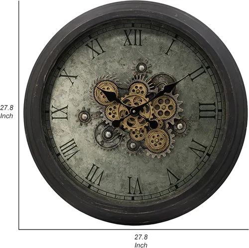 Vista 6 de Benjara - Reloj de pared de 28 pulgadas, diseño redondo de engranaje vintage, acabado marrón oscuro, negro y dorado