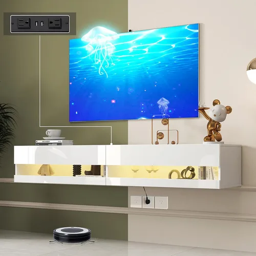 Vista 10 de Soporte flotante para TV montado en la pared con toma de corriente, moderno centro de entretenimiento flotante para TV de 70 pulgadas, estante