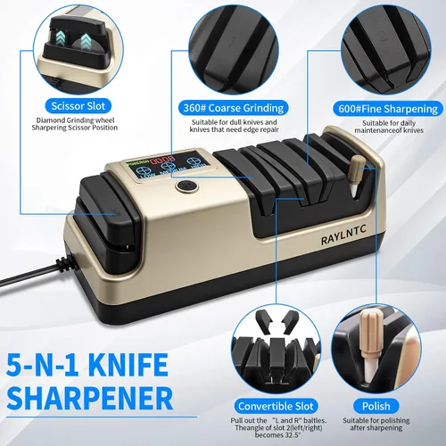 Vista 2 de Afilador de cuchillos eléctrico profesional 5 en 1 con pantalla LCD, sacapuntas de tijera con abrasivos de 3 velocidades y 100% diamante, guías