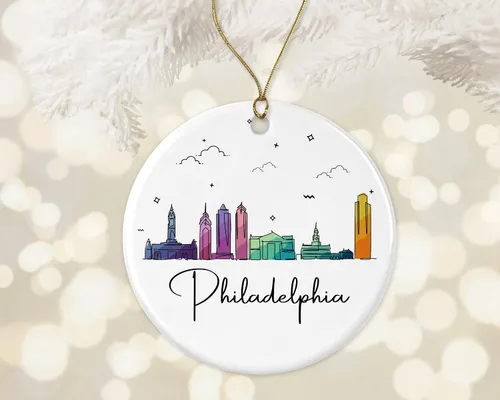 Vista 2 de Adorno de la ciudad de Filadelfia, adorno de Navidad de la ciudad de Filadelfia, adorno de Navidad de puntos de referencia, gráfico colorido