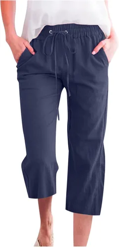 Vista 6 de Ceboyel Pantalones capri para mujer para verano, cintura elástica, pantalones de yoga, con cordón, pantalones de lino, pantalones de entrenamiento