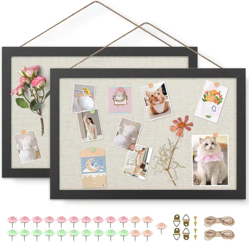 Vista 15 de AKTOP - Juego de 2 pizarras de corcho negro con lino de 16.7" X 11", pequeño tablero de anuncios con marco para pared, tablero decorativo