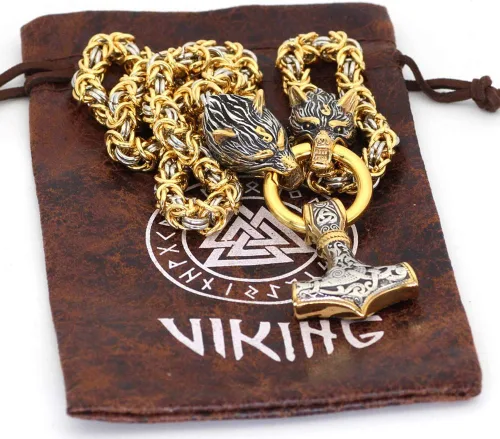 Vista 7 de QZY Cadena de oro y plata con collar Mjolnir, colgante de amuleto vikingo nórdico para hombre, martillo de Thor, cadena bizantina grande, redonda