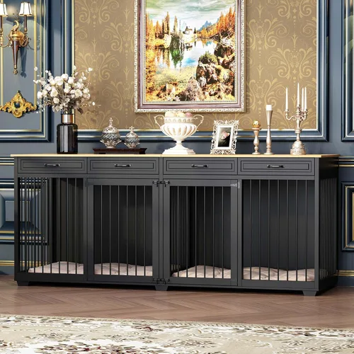 Vista 7 de Mueble grande para perros, perrera de madera de 86.6 pulgadas con cajones y divisor, muebles de interior resistentes, estilo casa para perros