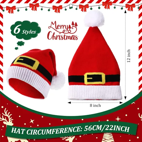 Vista 3 de Juego de 6 gorros de punto de Navidad de Papá Noel rojo y verde para fiestas, adultos, adolescentes, niños, gorro de Navidad, 12 x 8 pulgadas