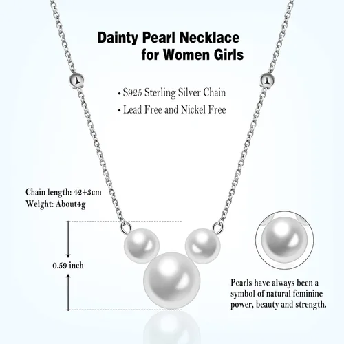 Vista 2 de Collar de perlas, collar de orejas de ratón para mujer, collar de cadena con colgante de plata de ley 925, collar de perlas cultivadas de agua dulce